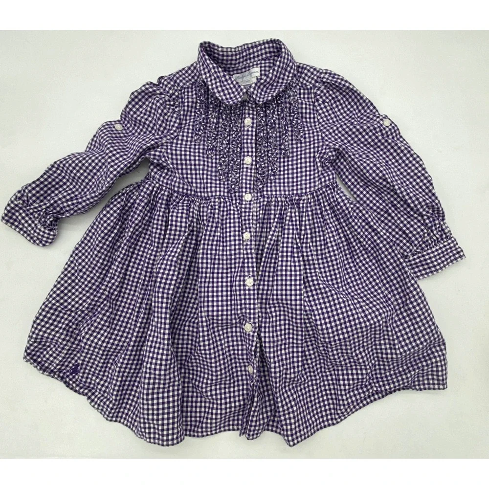 Ralph Lauren Purple Gingham Ruffle Front Cotton Dress 24M Toddler Girls Long Slv